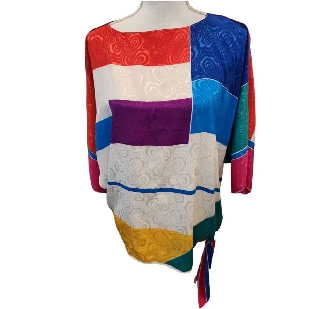 Vintage 80s Multicolor Striped Silk Short Sleeve Top Blouse 3X